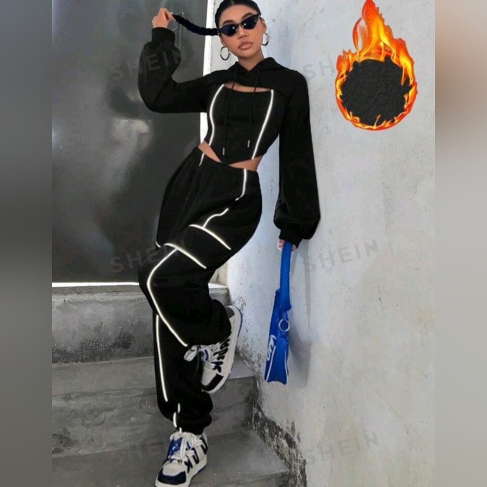 Shein size L (8/10) Hollow Out Drawstring Hoodie & Pants 2 Piece Set